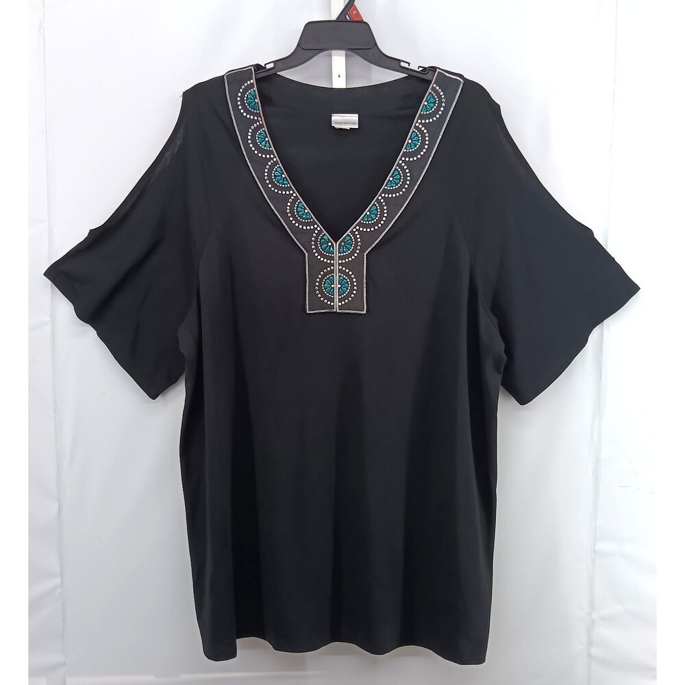 Wearabouts Shirt Women Plus Size 2X Black Slit Sleeves Embellished V Neck Top